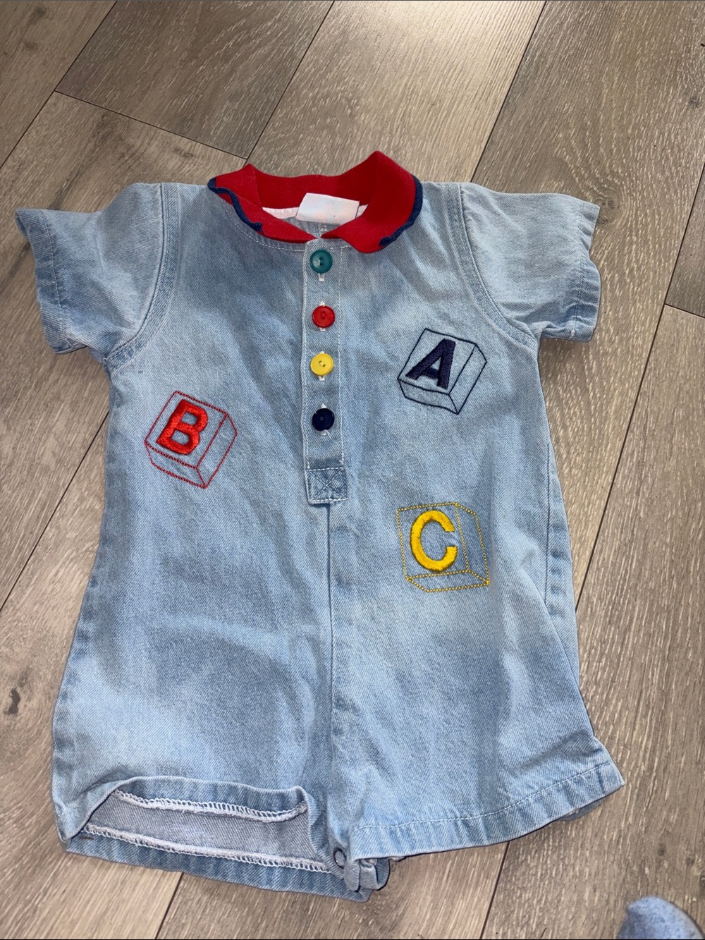 Light Blue Denim ABC Embroidered Kids One-Piece Bodysuit